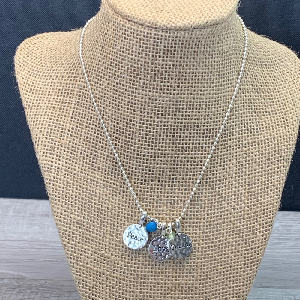 Peace Love Dream Hammered Charm Ball Chain Necklace Silver Tone Beaded